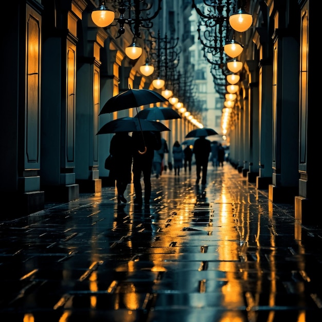 Enigmática escena: gente con paraguas negros en una calle