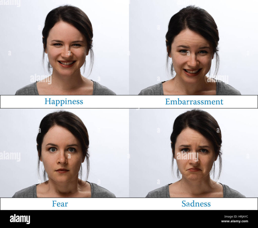 Expresiones faciales: feliz, triste, nerviosa, con sueño y con miedo