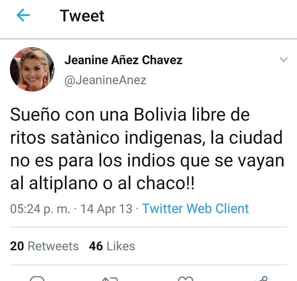 Jeanine sueña con una Bolivia libre de ritos satánicos en Twitter