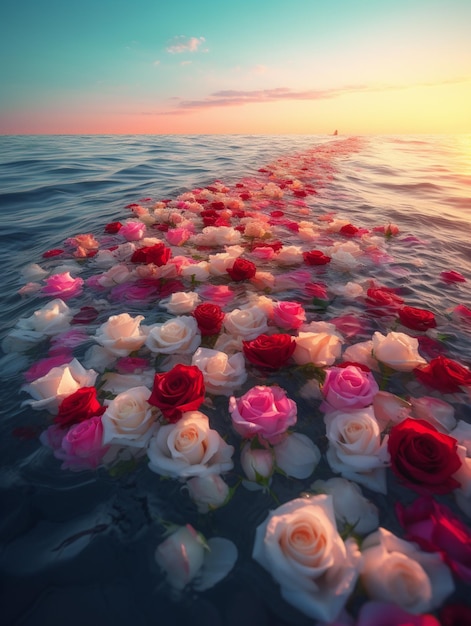 Mar de sueños: flores rosa flotando en aguas cristalinas