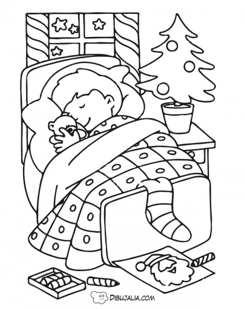 Sueña con la Navidad: dibujo típico de un niño durmiendo