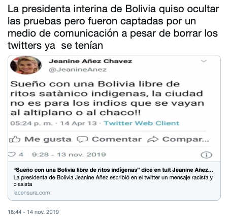 Sueño de Jeanine Áñez en Twitter: Bolivia libre de ritos